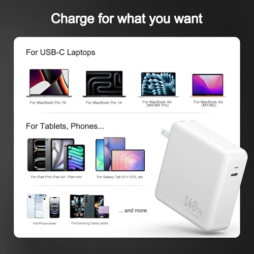 Compatible with MacBook Pro Charger 140W USB C Fast Charger Adapter | for Mac Pro/Air M2 M3 M4 M5 16, 15, 14, 13 Inch iPad Pro iPhone Samsung Galaxy and All Type C Device
