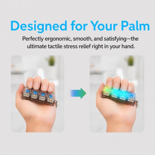 Keyboard Fidget Keychain, LED Clicker Fidget Toy, Sensory Stress Relief,2-Pack 4-Key Mechanical Switches, Crystal Rounded Keycaps, Adjustable LED Glow, DIY Stickers & Spare Keycaps Included