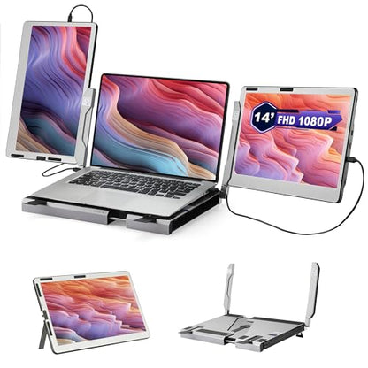 JoyReal F2 Laptop Screen Extender, 14'' 1080P Triple Portable Monitor for Laptop, 360 Rotating Monitor Desk Workstation with Multiple Laptops Stand for mac Windows Surface PS Switch