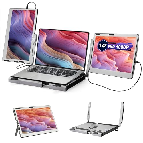 JoyReal F2 Laptop Screen Extender, 14'' 1080P Triple Portable Monitor for Laptop, 360 Rotating Monitor Desk Workstation with Multiple Laptops Stand for mac Windows Surface PS Switch