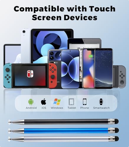 Kenkor Stylus(3pcs),2-in-1 Stylus Pen for Touch Screen, Stylus Pen for iPad | No Charging,Compatible with Apple(iPhone/iPad)/Nintendo Switch/Samsung/Google/Microsoft/Android Tablets Touch Screens Devices - color: Black+Blue+Silver