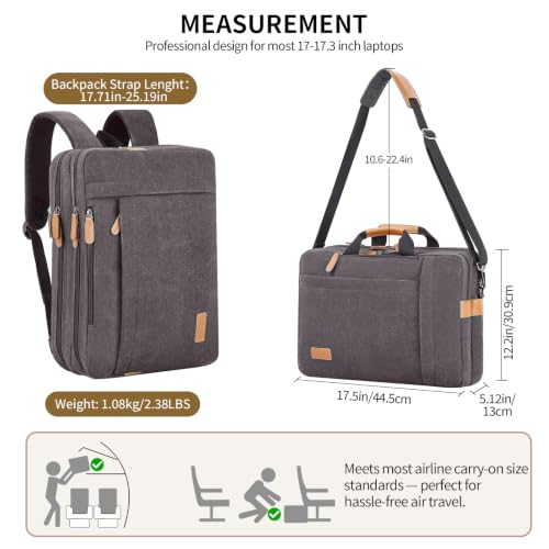 ESTARER Laptop Computer Bag for Men 3 In 1, 17-17.3 Inch Laptop Messenger Bag for Business/Work/Travel, Convertible Backpack Briefcase Water resistant Canvas Laptop Backpack (Grey) - color: Canvas Gray