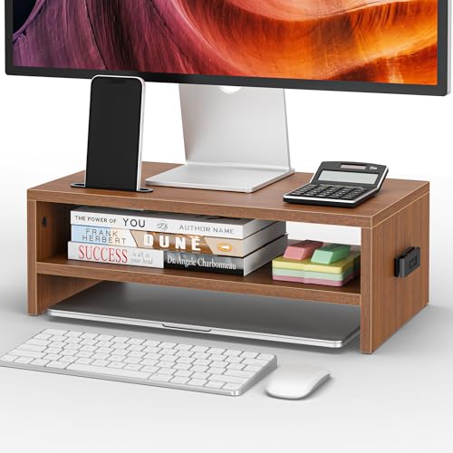 BONTEC Wooden Monitor Stand Riser for Desk, 2-Tier Computer Monitor Stand | 66 lbs Desk Shelf Organizer with Storage, Laptop & Printer Stand with Phone Holder and Cable Management, Walnut, 16.5 Inch - color: Walnut, size: 16.5 Inch