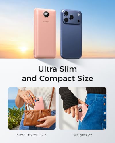 VEGER Portable Charger with Built-in AC Plug and Cables, All in One 10000mAh Ultra Slim Power Bank Travel Essentials, USB C External Battery Pack Compatible with iPhone, Samsung, More, Dark Pink - color: F Dark Pink