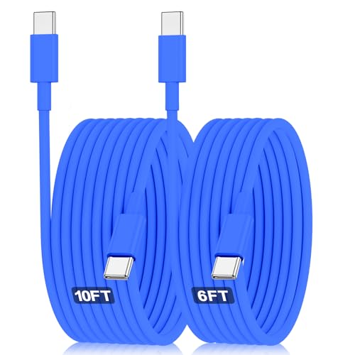 Hzevn 60W USB C Charging Cable for MacBook Pro/Air & for iPhone 16/15 Pro Max, MFi Certified 20V/3A Super Fast Charger Cord 6ft+10ft, PD 3.0 Compatible with iPad Pro 12.9/11, Samsung S25/S24(2-Pack) - color: Blue, size: 10FT + 6FT