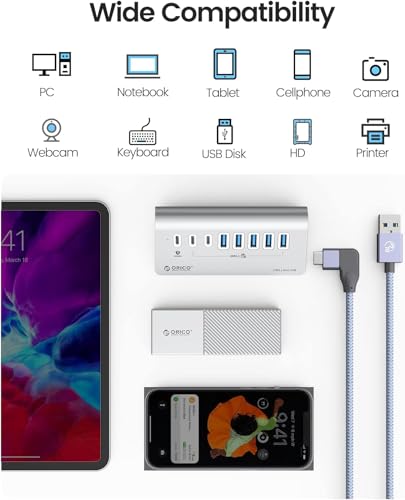 ORICO 7-Port USB 3.2 Gen2 Hub, Powered USB 3.2 Hub with 4 USB-A, 2 USB-C, PD 60W, 72W Power Adapter, 10Gbps Aluminium USB-Splitter with 3.28Ft USB-C to USB-C Cable for iMac, MacBooks, Mac mini - size: 100cm, style: M3U4C3