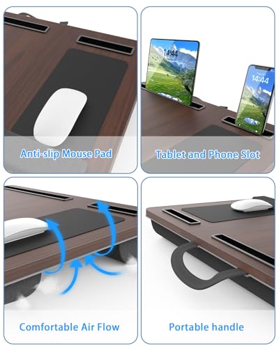 HETTHI Laptop Lap Desk, Portable Large Laptop Desk for Bed, Up to 17 in Lap Table with Wrist Rest, Mouse Pad, Tablet Phone Slot, Portable Handle, Lap Tray with Cushion (Dark Brown) - color: Dark Brown