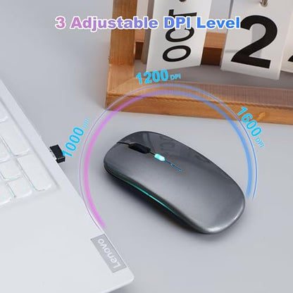 Wireless Bluetooth Mouse Rechargeable Long Lasting Dual Mode - BT 5.2 & 2.4G Silent RGB LED Mice, Slim Portable Ergonomic Mouse for Laptop/PC/Tablet/MacBook/iPad/Apple Devices(Grey) - color: Grey