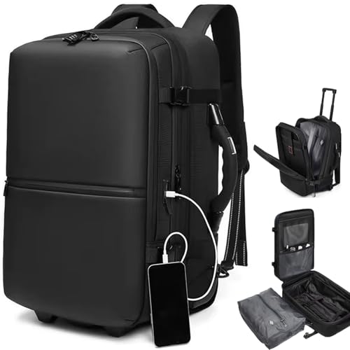 60L Vacuum Compression Backpack with Wheels Expandable Men Waterproof Carry On Luggage Travel Backpacks 17 inch Laptop Backpack Flight Approved (No Pump)