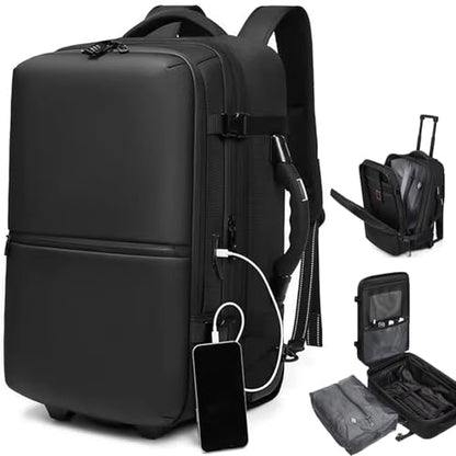 60L Vacuum Compression Backpack with Wheels Expandable Men Waterproof Carry On Luggage Travel Backpacks 17 inch Laptop Backpack Flight Approved (No Pump)