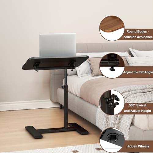 Adjustable Height C Shaped Side Table,360°Swivel Overbed Table,Top Tilting Laptop Stand Table with Hidden Wheels,Mobile Couch End Tables that Slide under,Rolling TV Coffee Table for Sofa/Bed(black) - color: Black