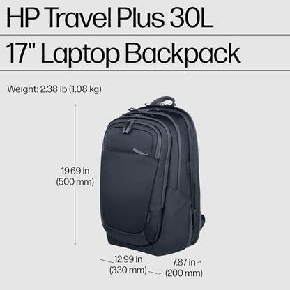 HP 17-Inch Laptop Backpack Travel Plus 30L, Water-Resistant 750D Recycled Plastic, RFID-Blocking Pocket, Anti-Puncture Zippers, Key Fob, Polyester, Blue Graphite, A2CC9AA