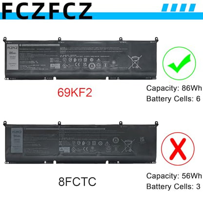 69KF2 Battery 86Wh 7167mAh 8FCTC 70N2F 11.4V 6-Cells | Replacement for Dell Alienware M15 R3 M15 R4 R5 R6 M17 R3 R4 / XPS 15 9500 9510 / Precision 5550 / Inspiron 7510 7610 Series