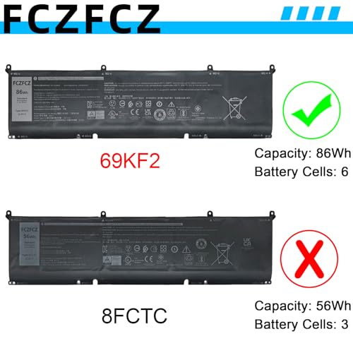 69KF2 Battery 86Wh 8FCTC 70N2F 11.4V | Replacement for Dell Alienware M15 R3 R4 R5 R6 M16 R1 M17 R3 / Inspiron 15 7510 / Precision 5560 5570 / XPS 9500 9520 Series - size: 13.05*4.34*1.17 inch 69KF2