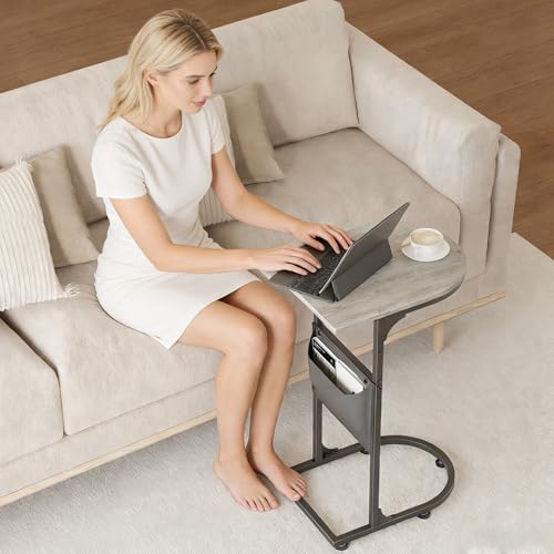 C Shaped End Table, Small Side Table for Couch, C Table that Slides Under Sofa with Storage Bag, TV Tray Table for Recliner, Living Room, Bedside, Bedroom, Small Spaces, Greige - color: Classic Greige