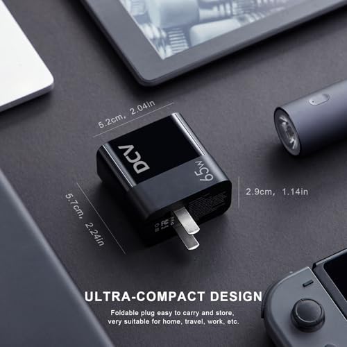 DCV 65W USB C Charger, GaN 3-Port Fast Charging Block with LED Digital Display, PD/PPS/QC 3.0 Foldable Wall Charger for Laptops, MacBook, iPhone 15/14/13, iPad Pro, Galaxy S23/S22, Note 20/10 (Black)