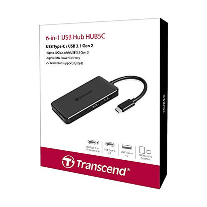 Transcend HUB 6 in 1 Hub, Type C, with 60W Power Delivery, 10Gbps USB C and 2 Type-A Ports, Micro SD and SD UHS-II Card Reader, for MacBook Pro, Labtop - TS-HUB5C - style: Type-C (6-in-1 HUB, with 60W PD)
