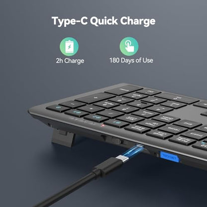 TECKNET Bluetooth Keyboard Rechargeable 4-Device (2.4G+BT) | Multi-device Free Switching, Ultra-Slim, Numeric Keypad, Quiet Full Size Wireless Keyboard for PC/Laptop/Smart TV/Phone - color: Black&Grey