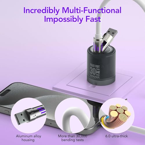 MFish 240W 4-in-1 Charging Cable with Carrying Case, 6.6FT Fast Charger USB-A & USB-C to USB-C/Lightning, for iPhone 17/16/15/14, MacBook, iPad, Samsung S25/S24 (White, 6.6Ft) - color: White, size: 6.6Ft
