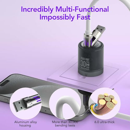 MFish 240W 4-in-1 Charging Cable with Carrying Case, 6.6FT Fast Charger USB-A & USB-C to USB-C/Lightning, for iPhone 17/16/15/14, MacBook, iPad, Samsung S25/S24 (White, 6.6Ft) - color: White, size: 6.6Ft