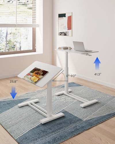 FLEXISPOT H7 PRO 90° Tiltable Mobile Overbed Table with Pneumatic Lift,28'' | Full foldable bedside table with adjustable desktop for laptop, Rolling Computer Cart and bed sofa.27.6" W x 15.7" D,White - color: White, size: 28x16