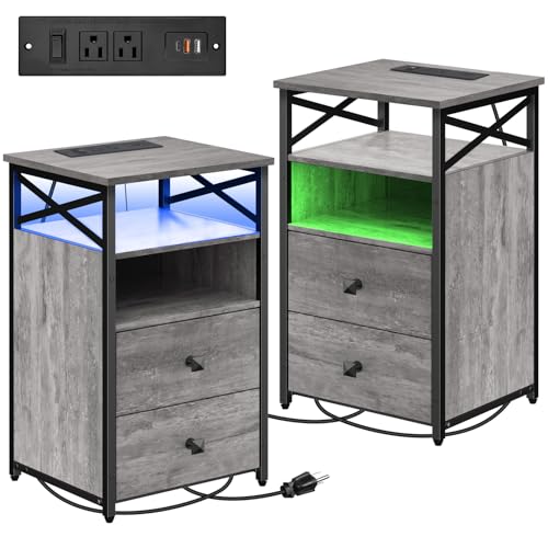 Livofloral Nightstands Set 2 with Charging Station, LED Nightstand with Wood Drawers, End Tables Living Room Set 2 with Storage, Farmhouse End Table Set of 2, Bedside Table for Bedroom, Grey - color: Grey, size: 2 Pack without Wireless Charging