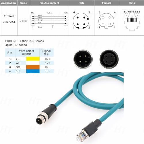 Ethernet M12 4 Pin D Coded RJ45 Cable for Keyence IV2 Omron Datalogic Machine Vision Profinet Network Sensor Actuator CAT5e Shielded PVC 50m - size: 50m