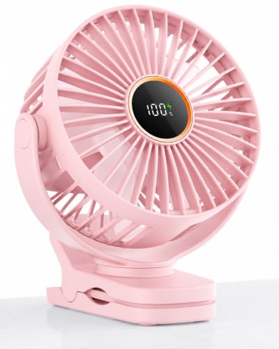 TUNISE Mini Clip on Fan, Battery Operated Desk Fan, Digital display，3 Speeds Adjustable, Bidirectional 360 ° Adjustable, Super Strong Wind, Portable Fan for Home, Office, Camping - color: Pink