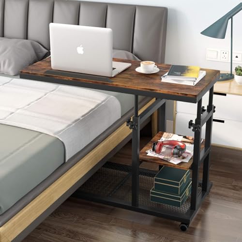 Tribesigns Height Adjustable C Table with Wheels, Mobile Couch Snack Side Table with Tiltable Drawing Board, Sofa Bedside Laptop Stand C Shaped TV Tray with Storage Shelves (Brown) - color: Rustic Brown