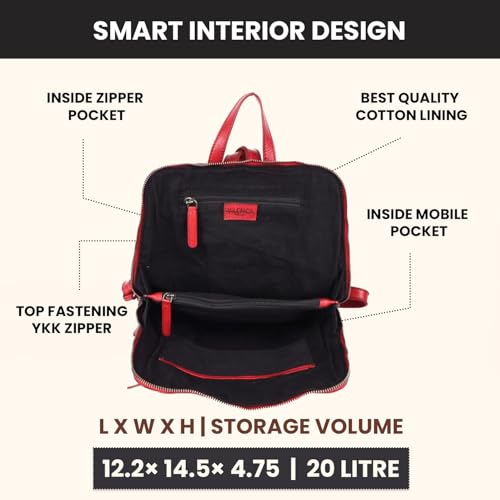12.5 Inch Red Genuine Leather Backpack For Women & Men | Small Laptop Bookbag Purse & Travel Daypack, Red Leather Bookbag With Adjustable Shoulder Strap, YKK Zipper & Pockets - color: Red