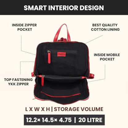 12.5 Inch Red Genuine Leather Backpack For Women & Men | Small Laptop Bookbag Purse & Travel Daypack, Red Leather Bookbag With Adjustable Shoulder Strap, YKK Zipper & Pockets - color: Red