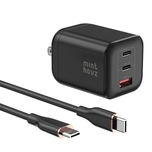 Minthouz 67W GaN Charger, 3-Port Fast Charging Power Adapter with Type-C & USB-A, for iPhone 17/16/15, iPad Pro, MacBook Air/Pro, Galaxy S25/S24, Google Pixel, Compact Travel Charger with 3.9FT Cable