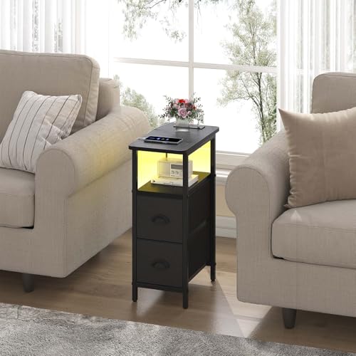 sthmec Narrow End Table with Charging Station, Narrow Side Table with 2 Fabric Drawers, LED End Table, Slim Nightstand with LED Light, Small Side Table for Small Spaces, Living Room, Bedroom, Black - color: Black, size: 7.87'' W x 15.75'' D x 24.37'' H, s