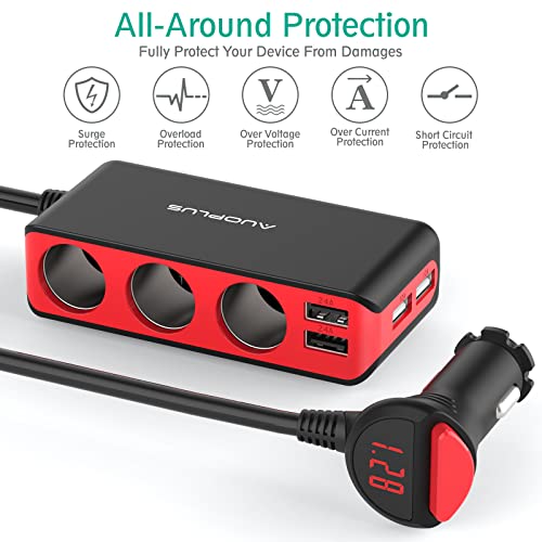 AUOPLUS 120W 3 Socket Cigarette Lighter Splitter Car Charger Adapter, LED Voltage Display Dual 4 USB Chargers(6.8A), Car Charger On/Off Switches 12V for iPhone iPad Samsung GPS Dashcam | LED Voltage Display Dual 4 USB Chargers(6.8A), Car Charger On/Off Sw