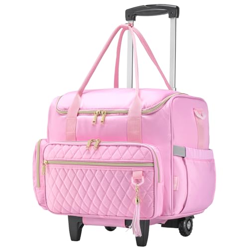 KSIBNW Rolling Laptop Bag for Women, Wheeled Teacher Tote Bag with Accordion Folder Waterproof Briefcases with 17 Inch Laptop Compartment and Detachable Dolly for Office, Work, Craft, Pink - color: Pink