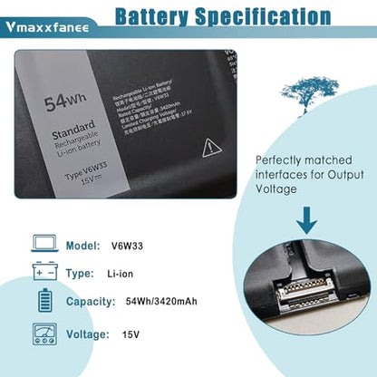 54Wh V6W33 Laptop Battery Replacement for Dell Inspiron 3510 3511 3515 5310 5410 5418 5510 5515 5630 5635 5518 5625 Latitude 3420 3520 3320 3330 Vostro 3515 3525 5620 5625 G91J0 TN70C - size: 10.7*3.22*0.22inch V6W33