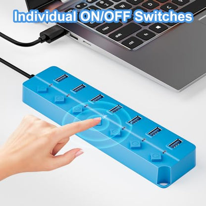 USB Hub 7 Port, USB Splitter with Individual On/Off Switches and Lights | USB 3.0 Hub with 3.3ft Cable, Extender for A Port Laptop, PC, Desktop-Blue - color: Blue