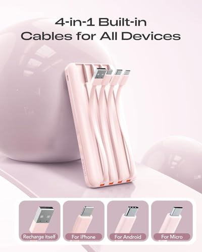 Orfeika 20000mAh Power Bank Fast Charging, Portable Charger with 4 Built-in Cables & 6 Outputs, 20W PD USB C Battery Pack Compatible with iPhone 16/15, Galaxy, Android, iPad & More (Travel Essential) - color: SoftPink