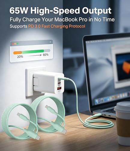 65W USB C Fast Charger, 3-Port PD Charger, 3 Cables, Green | Foldable green travel charger for laptop, phone & tablet, with 2 x 1.2m cables and 1 x 0.6m cable