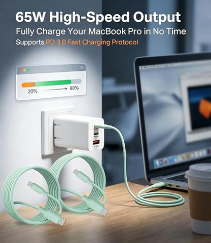65W USB C Fast Charger, 3-Port PD Charger, 3 Cables, Green | Foldable green travel charger for laptop, phone & tablet, with 2 x 1.2m cables and 1 x 0.6m cable