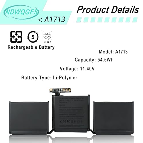 A1713 A1708 Battery for MacBook Pro 13 Inch A2171 (2016-2017) & A2159 A2289 A2338 (2019-2020) 11.4V 54.5Wh Li-Polymer Replacement Compatible with EMC 2978 3164 3301 3456 3578