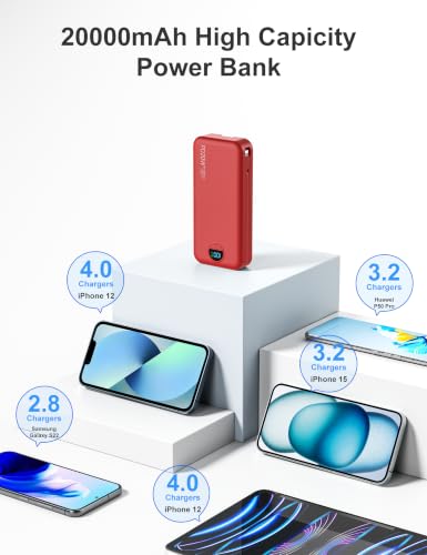 20000mAh Ultra Portable Charger Power Bank with inBuilt Cables&AC Wall Plug | PD20W USB-C Fast Charging Cell Phone Charger Battery Pack,LED Display Travel Battery Bank for All iPhone,Samsung,Android - color: Red-20Ah