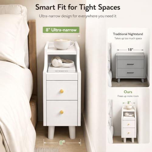 POWERSTONE Narrow Nightstand with 2 Drawers Set of 2, Solid Wood Bedside Table with Pull Out Tray & Cable Hole & Slots, Slim End Side Table for Small Spaces Bedroom, Living Room, White - color: White