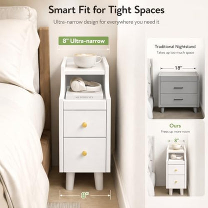 POWERSTONE Narrow Nightstand with 2 Drawers Set of 2, Solid Wood Bedside Table with Pull Out Tray & Cable Hole & Slots, Slim End Side Table for Small Spaces Bedroom, Living Room, White - color: White
