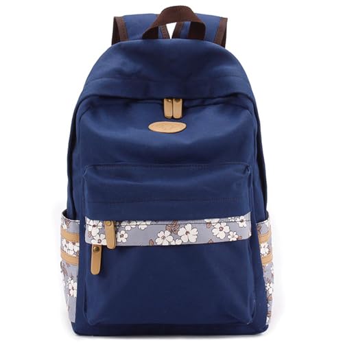mygreen Kawaii Girls Backpack for School - Lightweight Canvas Backpack for Teens Ages 8-12, Fits 15 Inch Laptop, Cute Boho Floral Design, Durable & Comfortable Dark Blue - color: Dark Blue, Flower, 15 Inch Laptop