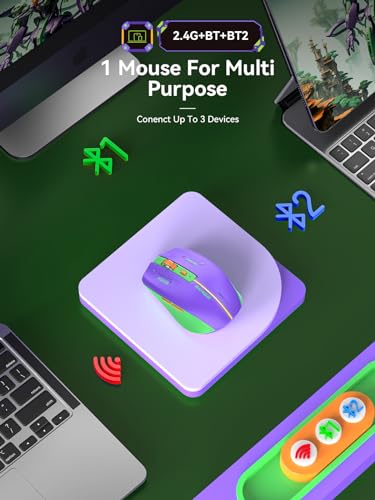 RAPIQUE Bluetooth Wireless Mouse - (BT1/BT2+USB Receiver) Dual Mode, Rechargeable, Quiet Click, Multi-Device Compatibility for Laptop, Computer, MacBook, Tablet (Purple and Green) - color: Purple and Green