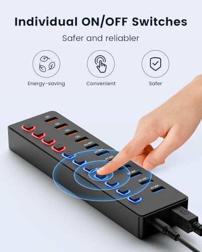 Powered USB Hub 11 Port USB 3.0 Splitter with 7 Data Ports + 4 Smart Charging Ports, Individual On/Off Switches & LED Indicators, Includes 36W Power Adapter for Mac PC Laptop