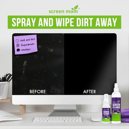 Screen Mom Screen Cleaner Spray 8oz & 2oz for TV, Car, Laptop and Computer | Streak-Free Formula, Alcohol & Ammonia Free, 4 Microfiber Cloths, Cleans TVs Phones Tablets Glass OLED, Residue-Free Cleaning - size: 8oz & 2oz