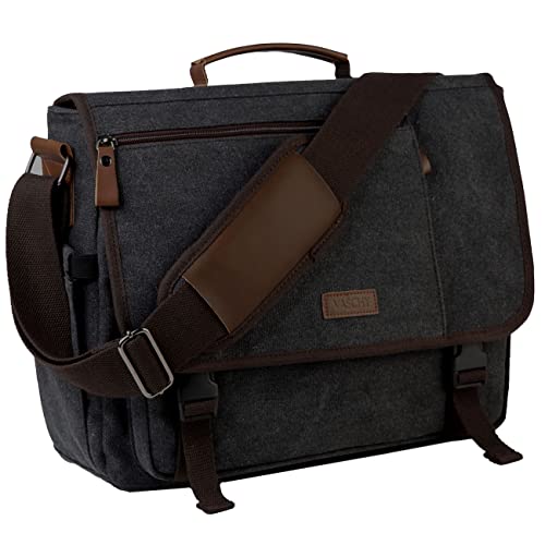 VASCHY 15.6inch Laptop Waxed Canvas Messenger Bag for Men, Work, Travel | Mens Work Bag with luggage sleeve/Top Handle/Water Bottle Pocket, Flap Over Crossbody Shoulder Bag, Office Bag for Men - color: Dark Gray