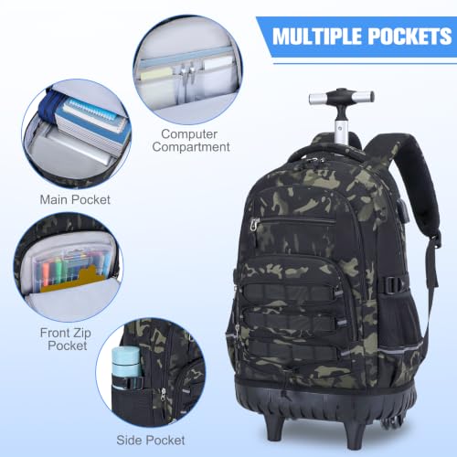 ACESAK Camo Rolling Backpack Boys, Tactical Kids Backpack Boys, Kids Suitcase for Boy Teens Elementary Middle High School, Military Backpack with Wheels and Lunch Bag Pencil Case Set (Camo Black) - color: Camo Black